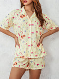 Dermearne Women’s 2 Piece Y2K Pajamas Set Short Sleeve Fruit Floral Print Button Down Shirt Shorts Set Sleepwear Loungewear