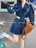 Vintage Suits Retro Denim 2 Piece Set Female French Slim Bow Design Long Sleeve Blouse + Casual Y2k Jean Skirt Korean Style 2024