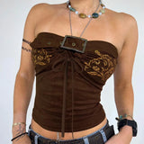 Vintage Brown Embroidery Tube Top Y2K Aesthetics Pullover Strapless Tank Tops Button Up Cutout Design Sleeveless Women