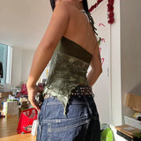 Boho Vintage Print Mesh Patchwork Crop Top Women V Neck Backless Camis Y2K Streetwear Female Coquette Aesthetic Clothes