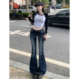 DERMEARNE Y2K Slim Fit High Waist Casual Womens Jeans Retro Denim Pants Low Rise Flared Trousers Long Bootcut Drag Autumn for Women