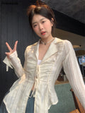 Shirts Women Retro Slim Turn-down Collar Autumn Sheer Tops Sun-proof Harajuku Hotsweet Cropped Japanese Style Y2k