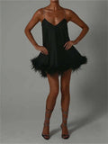 Plush Trim Backless Party Dresses Evening Gown Vestidos Vintage Elegant Women Chain Spaghetti Strap A-Line Short Dresses