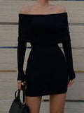 Dermearne Spring New Knitted Sexy Bodycon Mini Dress Women Vintage Off Shoulder Slim Short Party Dresses Slim Sheath