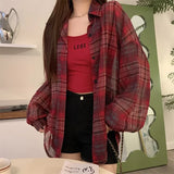 Tops Women Sheer Chiffon Plaid Shirt Long Sleeve Button Up Collared Oversize Checked Shirts and Blouse Summer Casual Outfit
