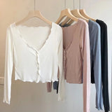 Women's Thin Knitted Shirt Slim Crop Top Single Breasted V-neck Cardigans Ladies Casual Skirt Shawl Solid Elegant Sunscreen Coat