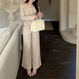 Dermearne Fashionable Women Square Neck Long Sleeve Tassel Button Short Coat Autumn Winter High Waist Casual Wide Leg Pants Two Piece Set