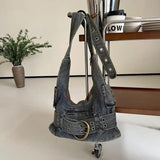 Trendy Women Vintage Denim Punk Shoulder Bag Y2k Streetwear Grunge Tote Handbag Cool Girls Retro Gothic Casual Underarm Bags