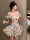 Square Neck Elegant Sweet New Dress Women Fairy Bow Party Mini Dress Female Short Sleeve Print Fashion Boho Beach Dress Summer