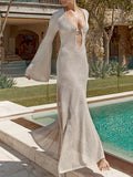 Women Knitted Dress Long Sleeve V Neck Hollowed Solid See-through Slit Long Dress