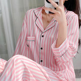 Pink Striped Pajama Set Loungewear Long Sleeves Pants Home Wear Women's Printed Lapel Sleepwear Satin Loose Casual Nightwear