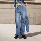 Spliced Bowknot Casual Jeans For Women High Waist Patchwork Pockets Streetwear Denim Straight Pants Female Fashion Clothing