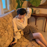 French Vintage Shirts Women Elegant Embroidery Blouses Office Lady Korean Lantern Long Sleeve All Match Tops Spring New