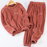 Women's Flannel Warm Home Sleepwear Sets Solid Color Round Neck Fleece Thick Pullover Lady Pajamas Long Sleeve Pants Casual 2Pcs