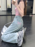 Dermearne Sweet Blue Jeans for Women Bow Embroidery Straight Denim Trousers Y2k Vintage Korean Style Baggy High Waist Jeans Casual