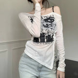 Women Hollow Streetwear Long Sleeved T-shirts Lady Off Shoulder Slip Graphic Tops Female Soft Skew Collar Slim Fit Mesh Clothes