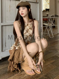Summer Vintage Chic Sweet Mini Skirt Suit Women Y2k Print Casual Elegant 2 Piece Set Female Korean Fashion Lace Up Bow Slim Set