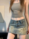 Dermearne Vintage Denim Mini Skirt Women Trashy Y2k 2000s Low Waist Sexy Star Rivet Distressed Slim Pencil Skirt Gyaru Streetwear