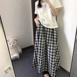 Plaid Long Skirt Women Vintage Ruffle Kawaii Midi Skirt Preppy Style Korean Fashion Loose Casual A-line Retro Skirts