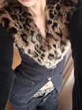 2024 Autumn Vintage Leopard Patchwork Tops Women Japanese Gyaru V-neck Long Sleeve Sweater Streetwear Slim Sexy Y2k Cardigan New