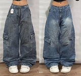 Dermearne American Retro Solid Color Pocket Loose Nine-point Jeans Y2K Harajuku Fashion Hip-hop Blue Gothic Jeans For men and women
