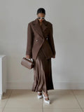 Casual Brown Lapel With Pocket Jacket Woman Fashion Cuff Buttons Long Sleeve Blazer Coat 2024 Lady Autumn High Street Outwear