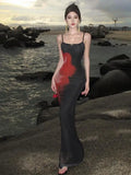 Women Black Red Colorblock Slim Vacation Spaghetti Strap Long Dress Summer Elegant Round Neck Backless Fishtail Dresses 2024 New