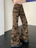 Women American Vintage Low Rise Camouflage Bell Bottoms Y2k Japanese Streetwear Denim Pants Harajuku Long Trousers 2000s Jean
