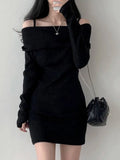 2024 Autumn/winter Korean Version New Lapel Off Shoulder Long Sleeve Dress Women Cinching Waist Wrap Hip Knit Short Dress QAG5