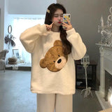 Women Autumn Winter Two Pieces Sets Warm Flannel Homewear Thickened Trousers Long-sleeved Pajama Coral O-neck Loose Cute Cartoon