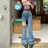 Woman Trashy Y2k 2000s Bell Bottom Jeans Girls Vintage High Waist Streetwear Designer Trousers Female Blue Slim Fit Flare Pants