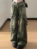 Dermearne Loose Retro Washed Cargo Jeans Streetwear Women Zipper Baggy Pants Hiphop Straight Pants Multi-pocket Wide Leg Jeans Women