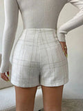 DERMEARNE  New Women's Summer Fashion Elegant A-line Woven Black And White Checkered Irregular Pearl Decorated Trouser Skirt Shorts