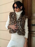 Fashion Leopard Print Faux Rabbit Fut Vests Women Autumn V-neck Sleeveless Jackets Y2K Streetwear Covered Button Waistcoat Tops