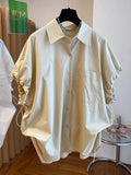 Dermearne Korean style Summer Fashion Puff Sleeve Women Blouses Single Breasted Turn-down Collar New Shirt Tops