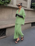 Casual Mohair Women Knit Set Elegant V-neck Long Sleeve Single Breasted Knitting Cardigan Autumn Lady Street Midi Skirt Outfits