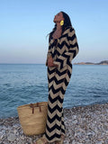 2024 Elegant Hookflower Striped Knitted Long Dress Women V-neck Hollow Out Lace Up Long Sleeve Vestido Lady Vacation Robes