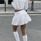 Dermearne 3 Women Lantern Mini Skirts Summer Casual Loose Fitting Elastic Waist Solid Color Short Puffball Skirt Sweet Style Skirts Girls