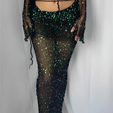 2024 Summer Women Crochet Knitted Dress Two Piece Skirt Sets Clothes Sexy Crop Tops Elegant Knit Sequin Dress 2 Piece Set Outfit