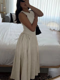 Dermearne Single Button Chest Hollowed Out Midi Dress For Women Side Pleated Sleeveless Mid Length Linen Dress New Summer Sundress 2024
