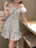 Kawaii Japanese dress lolita y2k Sweet Blue Floral Dress Women Casual Evening Party One Piece Dress Korean Fashion Summer 2024