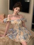 Square Neck Elegant Sweet New Dress Women Fairy Bow Party Mini Dress Female Short Sleeve Print Fashion Boho Beach Dress Summer