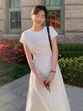 Korea Fashion Vintage Elegant Midi Dress Women 2024 Summer O-Neck Y2k Design Harajuku Dress Female French Retro Lace-up Clothes