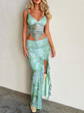 Y2K Women Summer Tube Top Long Skirt Set Slim Fit Sleeveless Floral Vest Split Casual Long Skirts Sexy Outfits