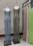 Diamond Party Daywear Round Neck Sexy Long Diamond Mesh Bottom Dress Thin Glitter Long Women's Wedding Dresses