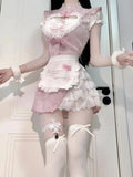 2024 Summer Vintage Kawaii Sweet Dress Women Lace Bow Lolita Mini Dress Female Pink Apron Chic Print Mini Patchwork Slim Dress