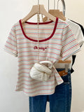 Plus Size Women's Top 2024 Summer New Slightly Fat Girl Fashion Versatile Stripe Letter Embroidered Short Sleeved T-shirt
