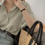 XEJ Elegant and Youth Woman Blouses Women's Clothing Spring 2023 Green Vertical Stripe Shirt Short Sleeve Chiffon Blouse Woman