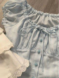 French Sweet Blouses for Women O Neck Lace Up Ruffles Crop Tops Solid Color Design Female Slim Shirts Summer All Match Clothing