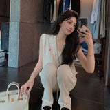 DERMEARNE  Embroidered V-neck Sweater Knit Vest Women Fashion Autumn Loose Knitted Outerwear Vintage Solid Sleeveless Female Top Warm